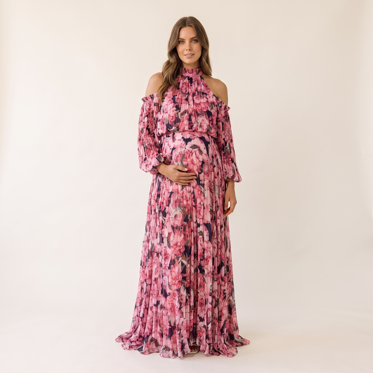 Rosamund Off-Shoulder Long Sleeve Pleated Maxi Dress – Pink Floral – front view
