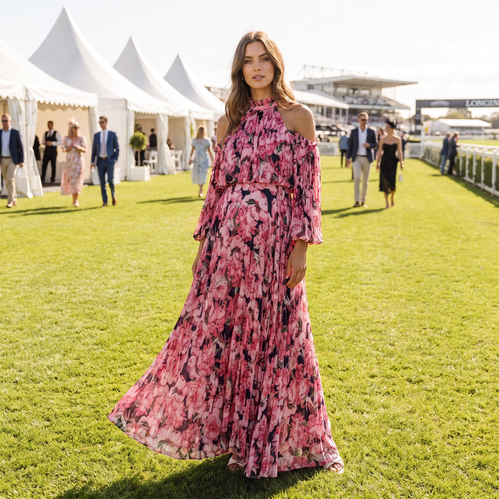 Rosamund Off-Shoulder Long Sleeve Pleated Maxi Dress – Pink Floral – lifestyle