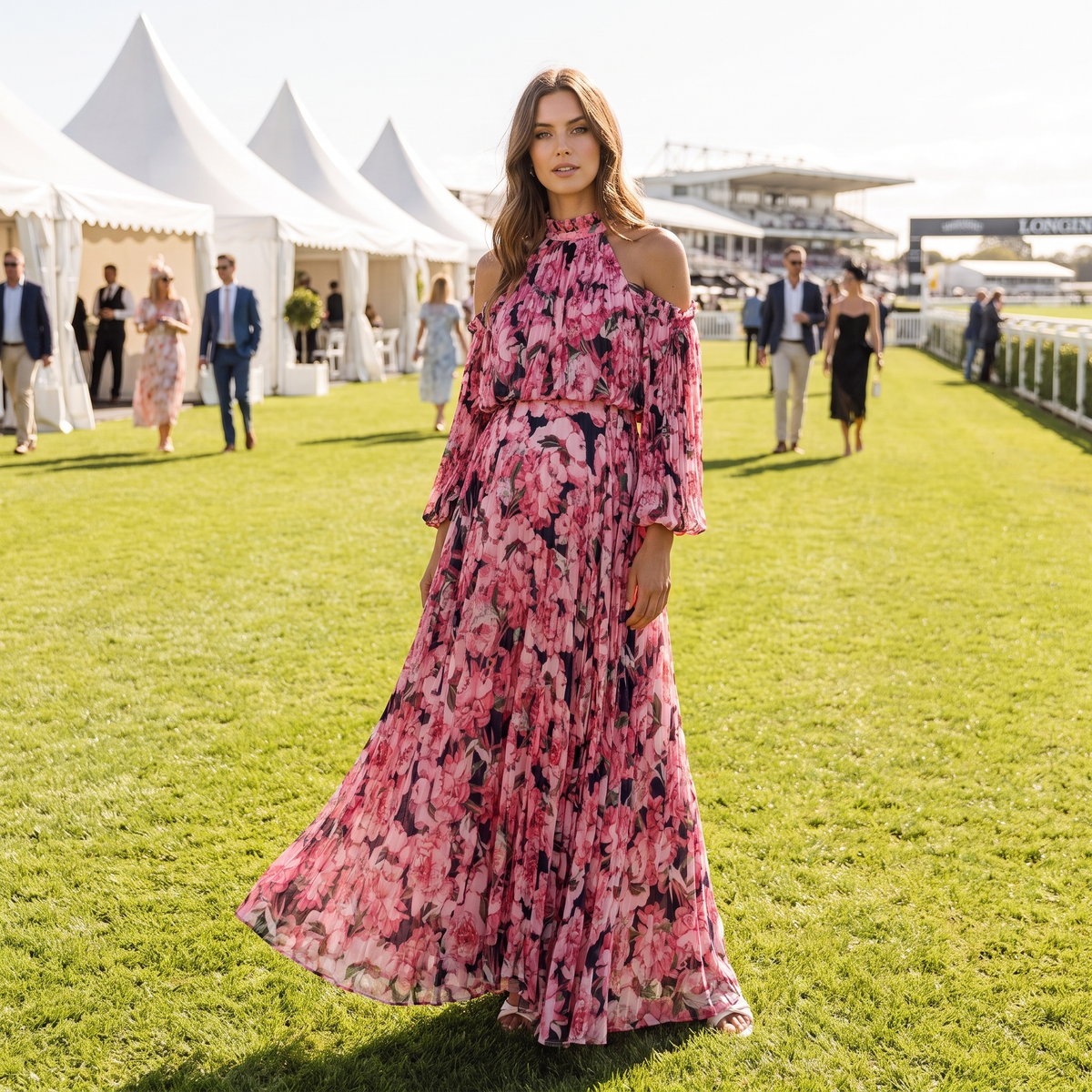 Rosamund Off-Shoulder Long Sleeve Pleated Maxi Dress – Pink Floral – lifestyle