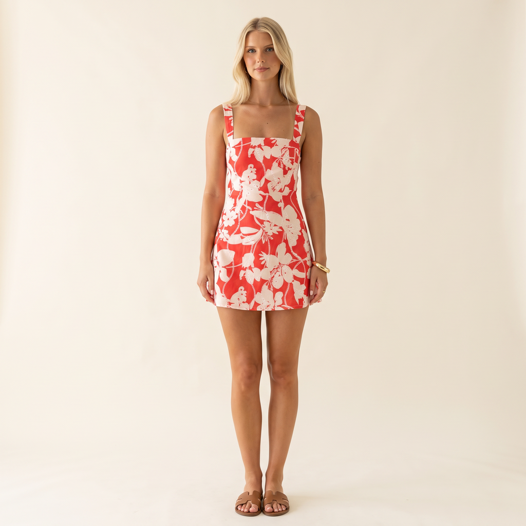 Rosetta Floral Tie Back Cotton Mini Dress – Red – front view