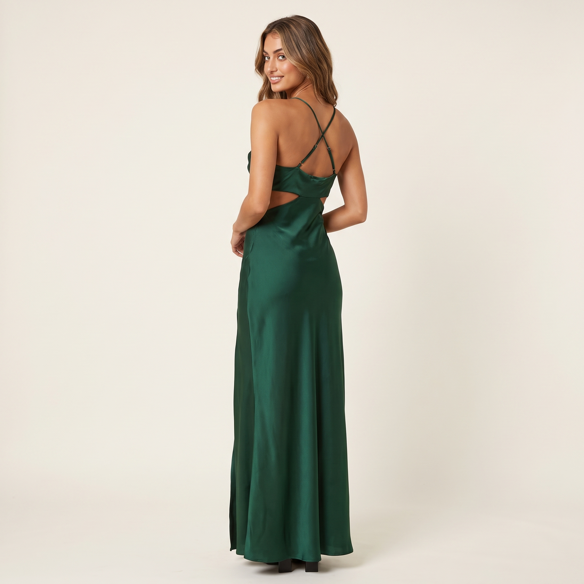Salvia Cowl Neck Waist Cut-Out Maxi Dress – Green – back view