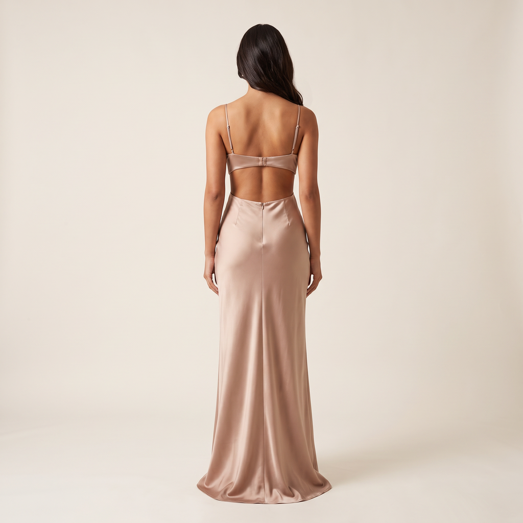 Salvia Cowl Neck Waist Cut-Out Maxi Dress – Mocha – back view