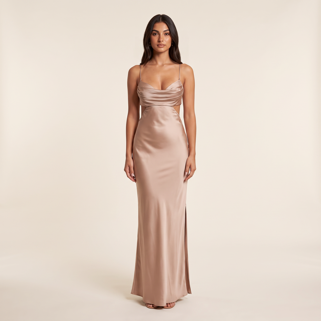 Salvia Cowl Neck Waist Cut-Out Maxi Dress – Mocha – front view
