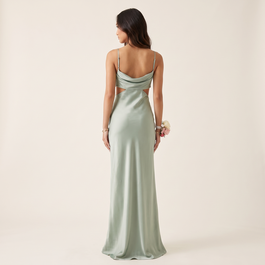 Salvia Cowl Neck Waist Cut-Out Maxi Dress – Sage – back view