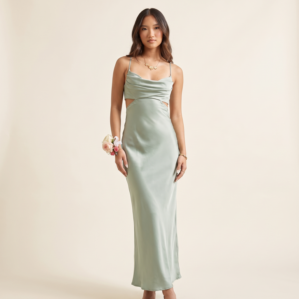 Salvia Cowl Neck Waist Cut-Out Maxi Dress – Sage – front view