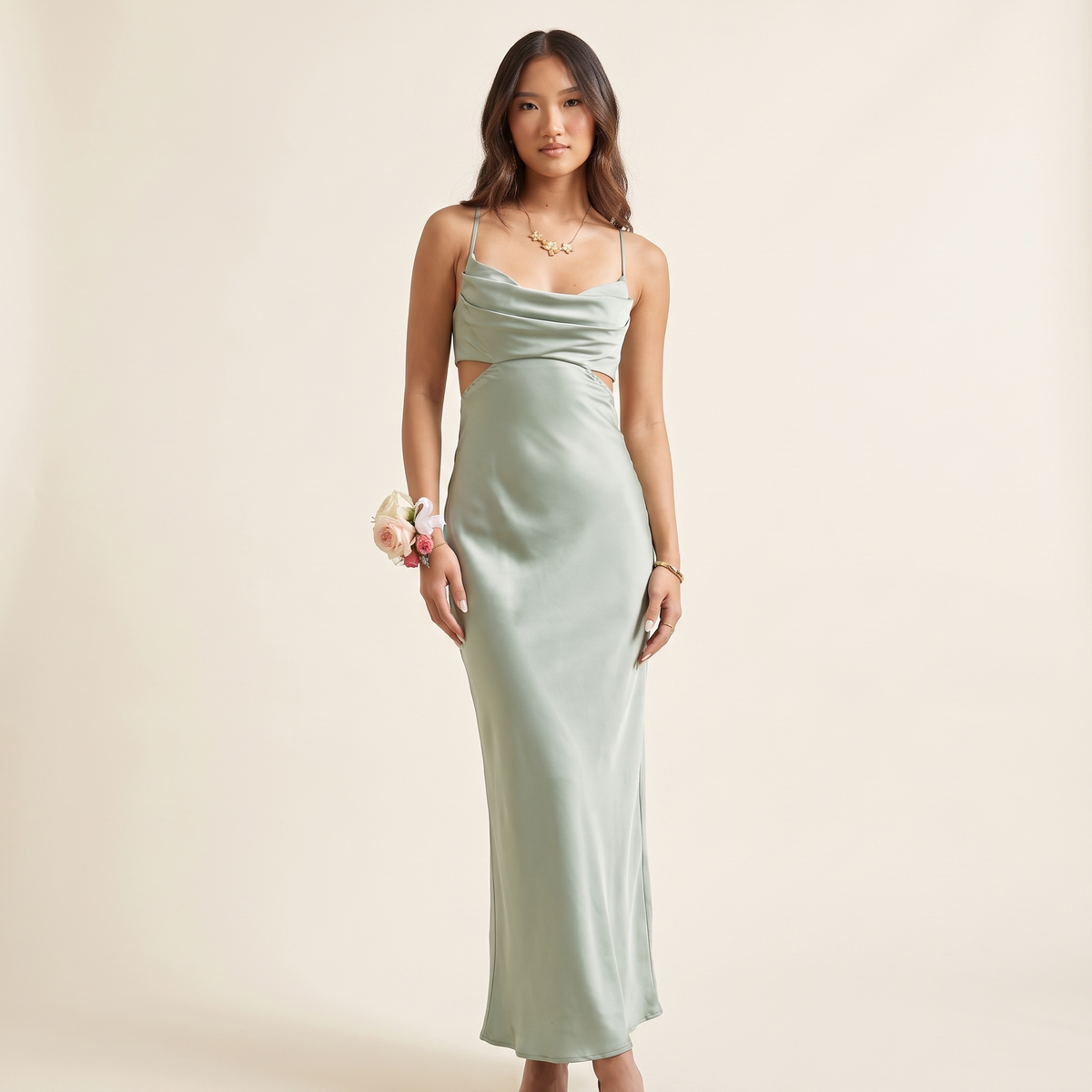 Salvia Cowl Neck Waist Cut-Out Maxi Dress – Sage – front view