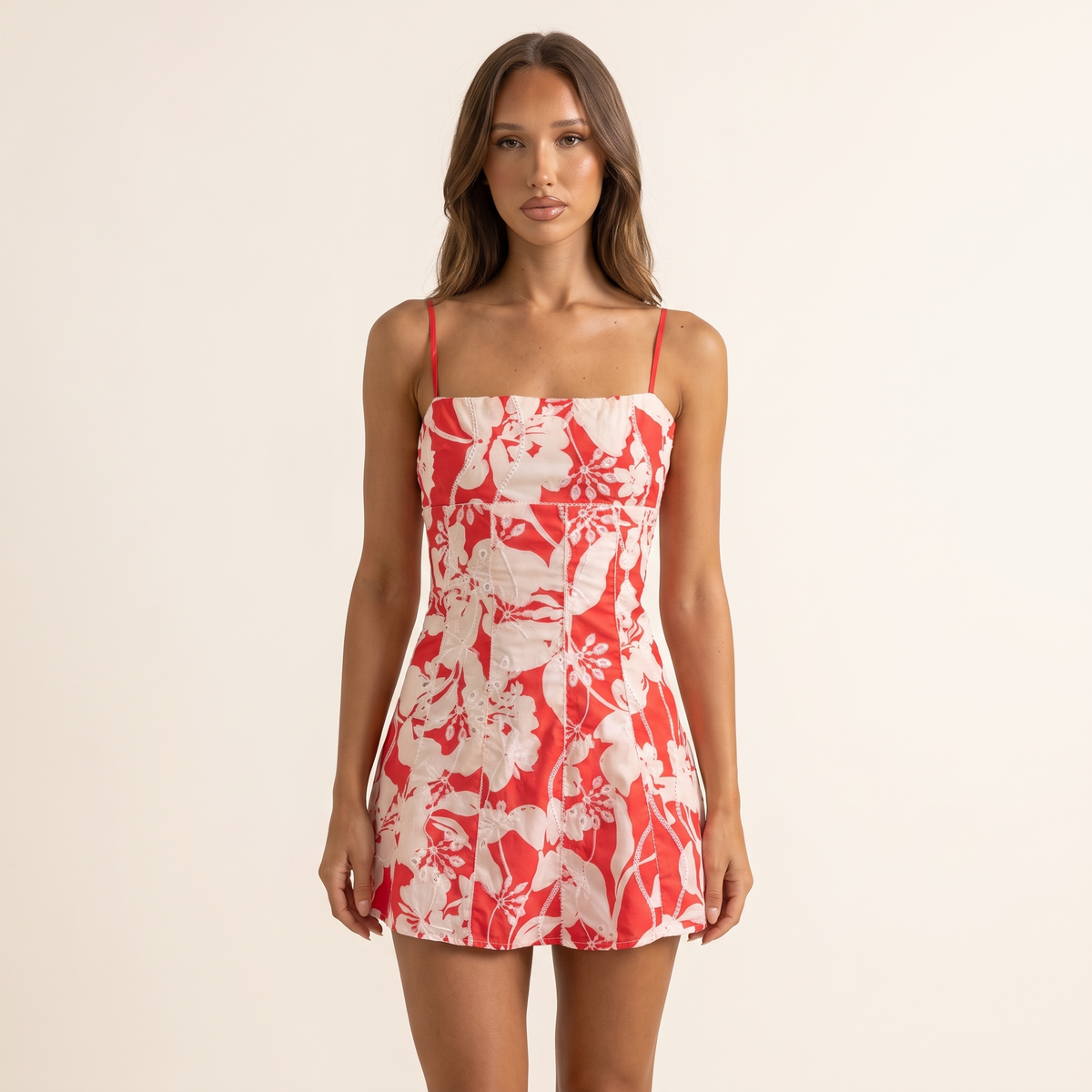 Scarlet Broderie Floral Lace-Up Mini Dress – Red – front view
