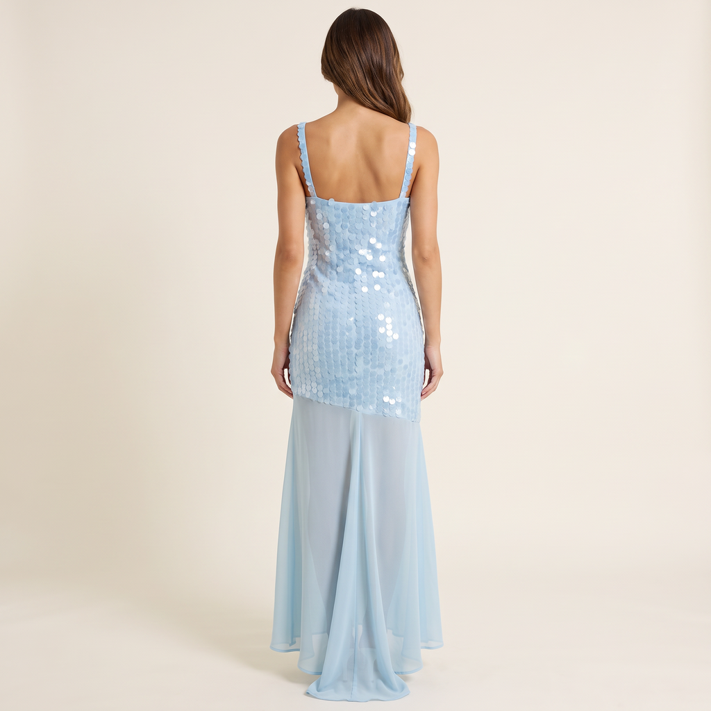 Seraphina Sequin Bodice Chiffon Maxi Dress – Light Blue – back view