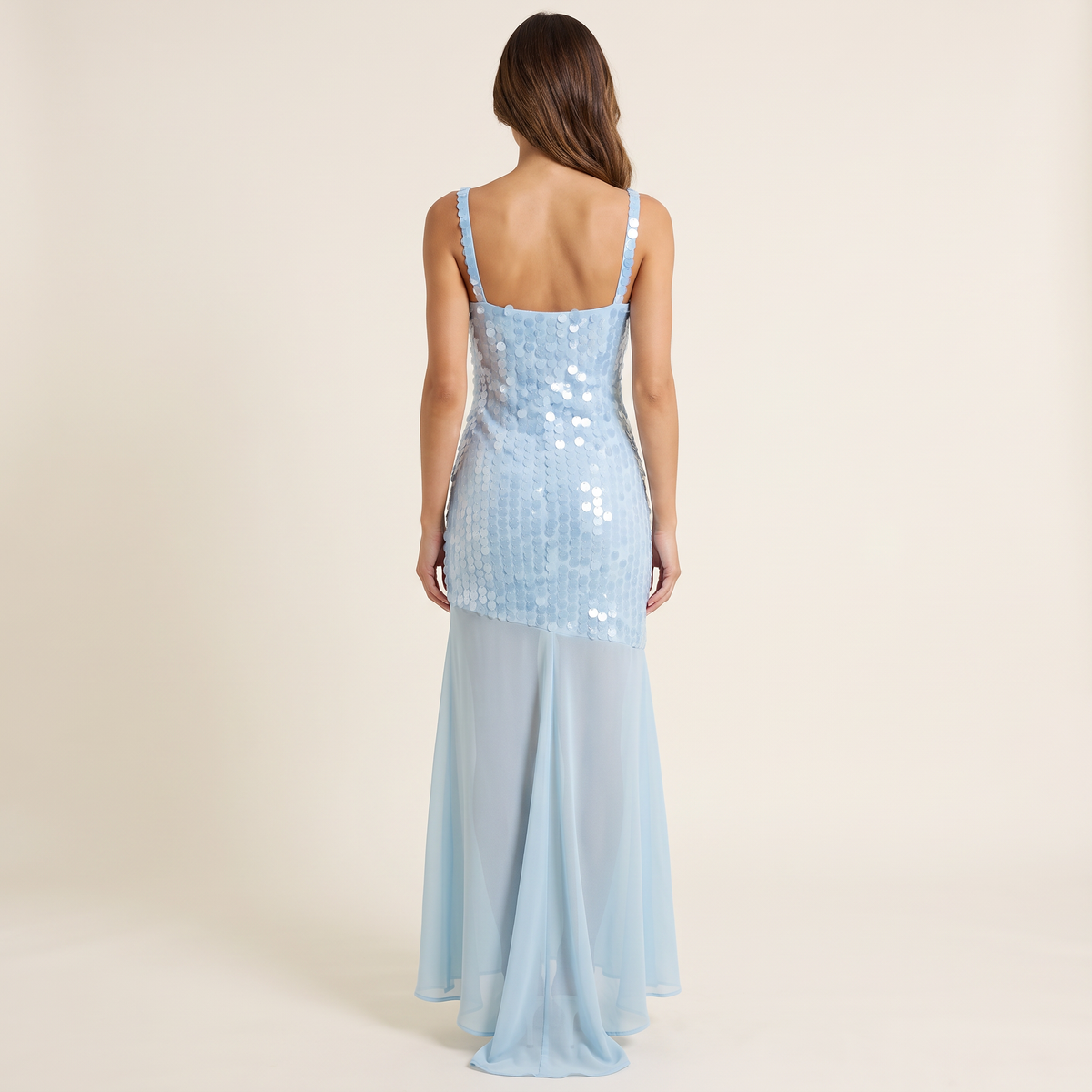 Seraphina Sequin Bodice Chiffon Maxi Dress – Light Blue – back view