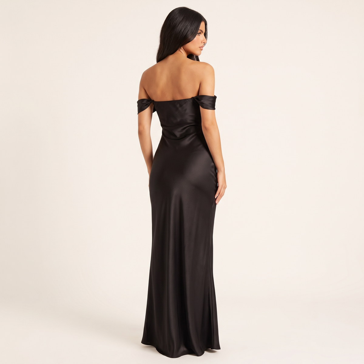 Seraphine Off-Shoulder Bias-Cut Satin Maxi Dress – Black – back view