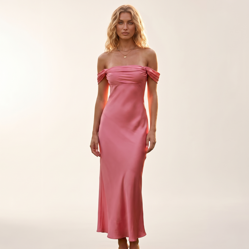 Seraphine Off-Shoulder Bias-Cut Satin Maxi Dress – Pink – front view