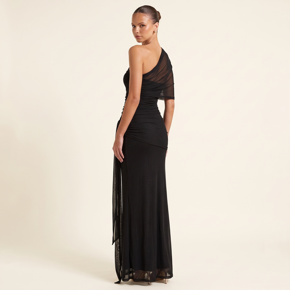 Severine One-Shoulder Ruched Mesh Maxi Dress – Black – back view