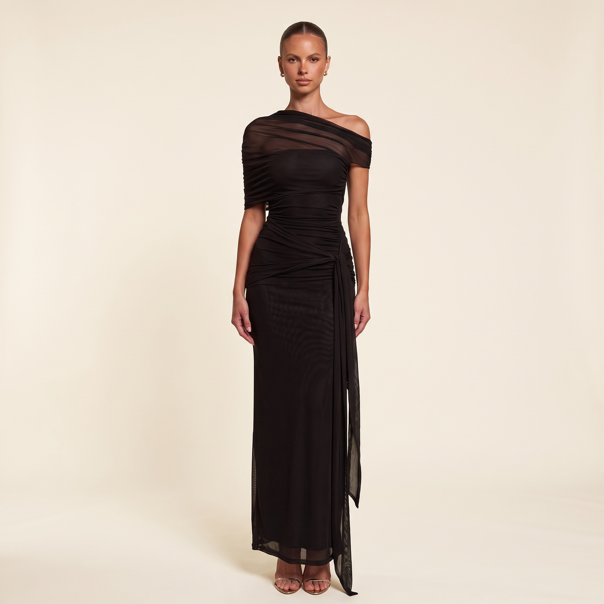 Severine One-Shoulder Ruched Mesh Maxi Dress – Black – front view