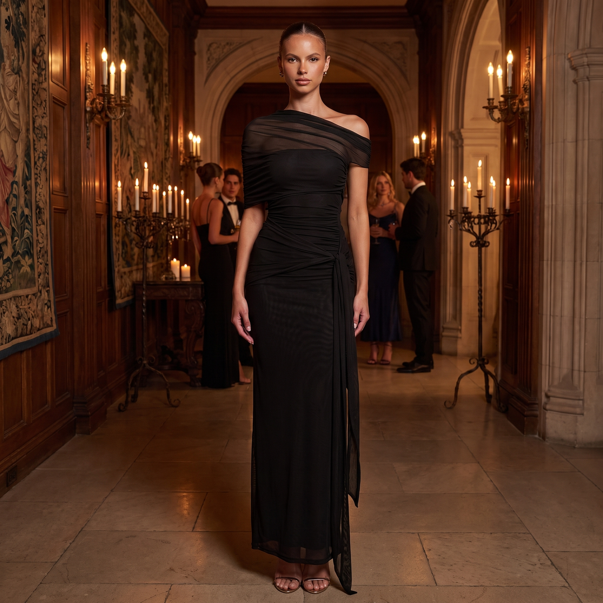 Severine One-Shoulder Ruched Mesh Maxi Dress – Black – lifestyle