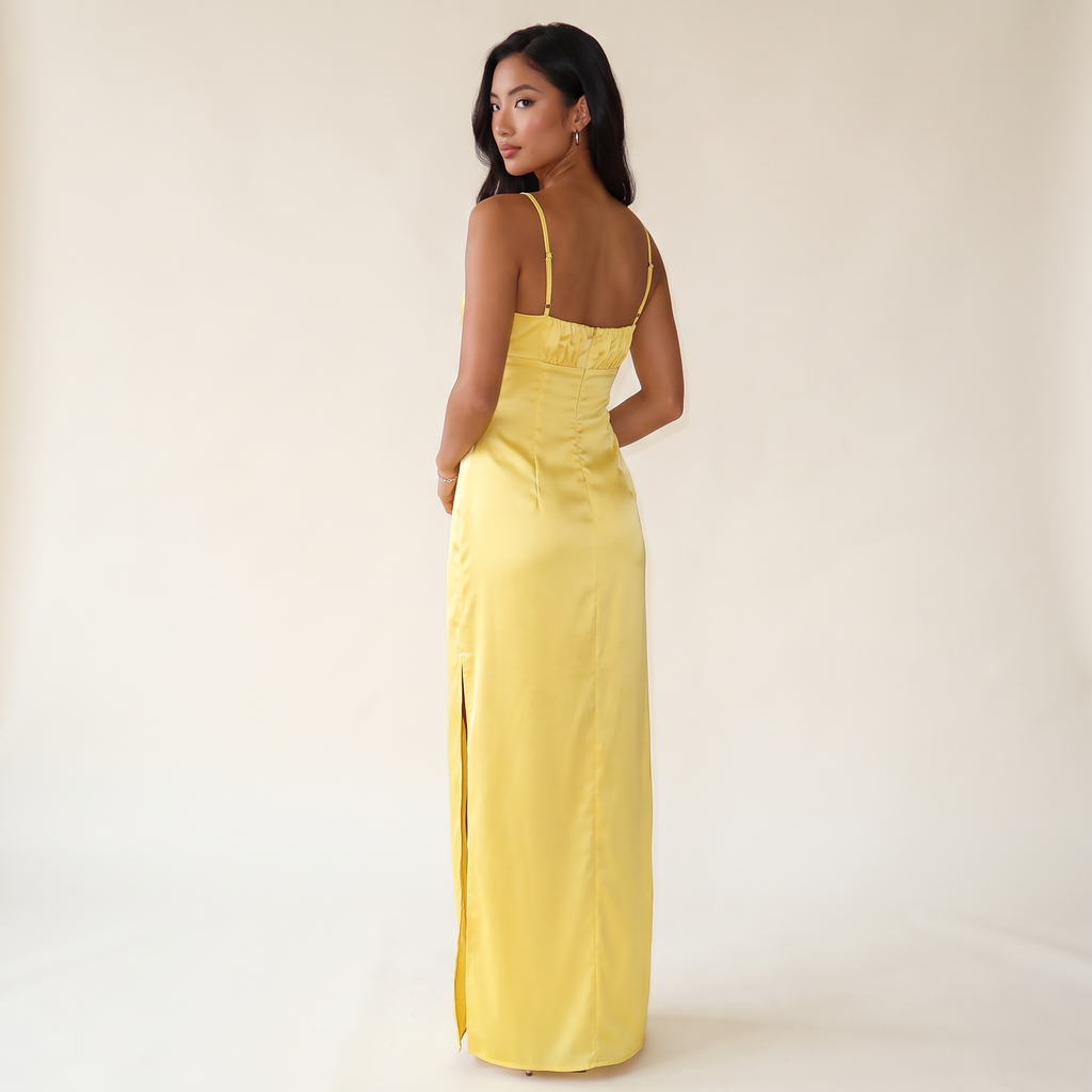 Simone Gathered Bust Satin Maxi Dress with Split – Yellow – back view