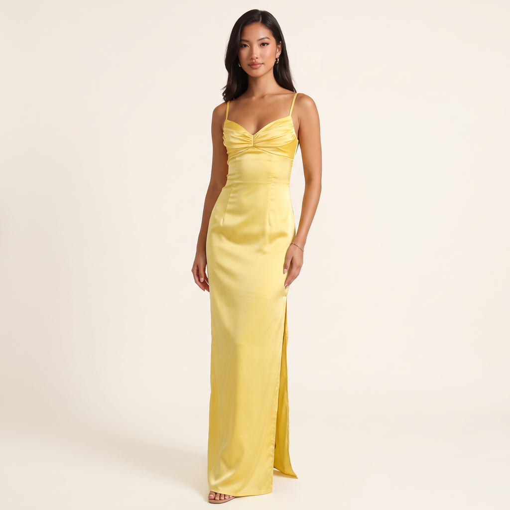 Simone Gathered Bust Satin Maxi Dress with Split – Yellow – front view