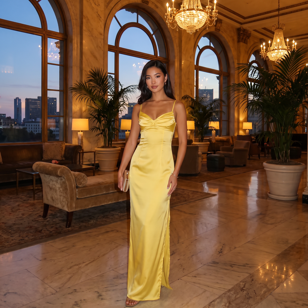 Simone Gathered Bust Satin Maxi Dress with Split – Yellow – lifestyle