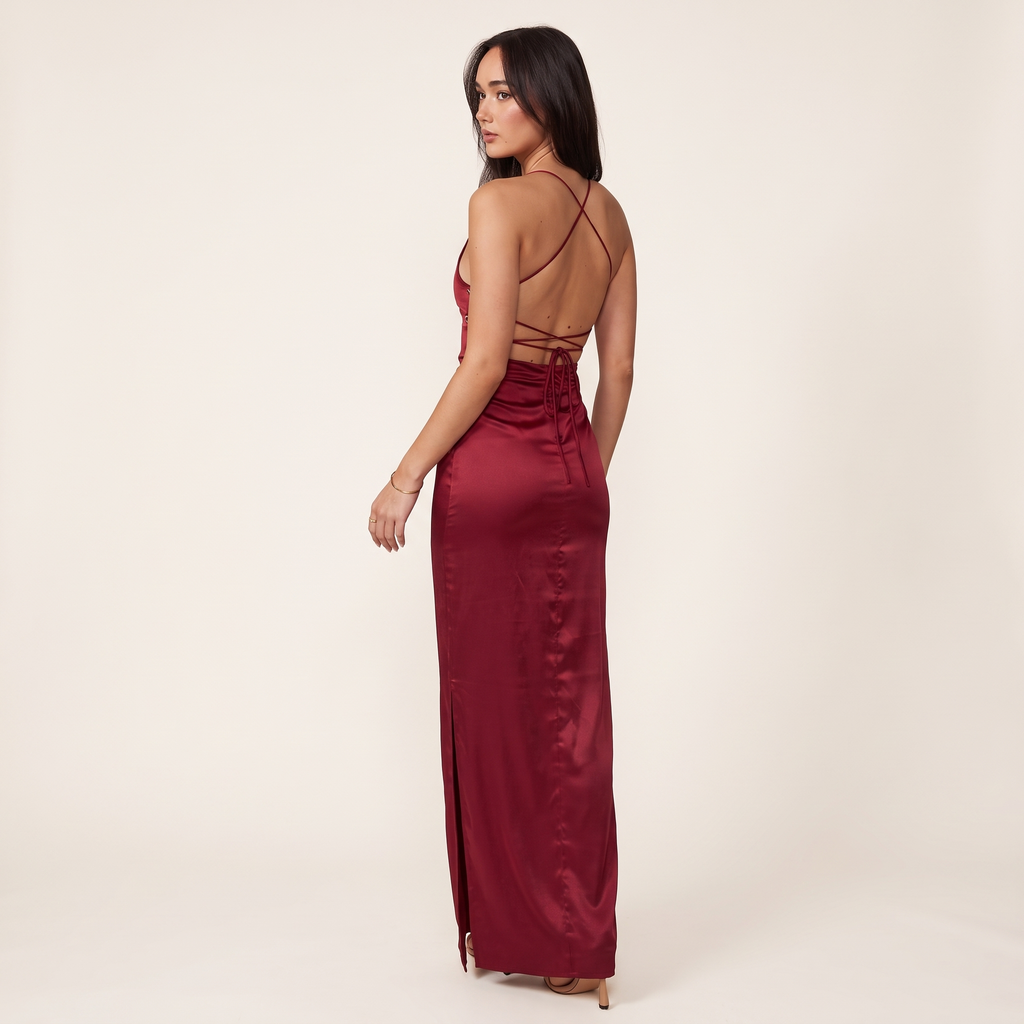 Soho Lace-Up Back Satin Slip Formal Dress – Wine – back view