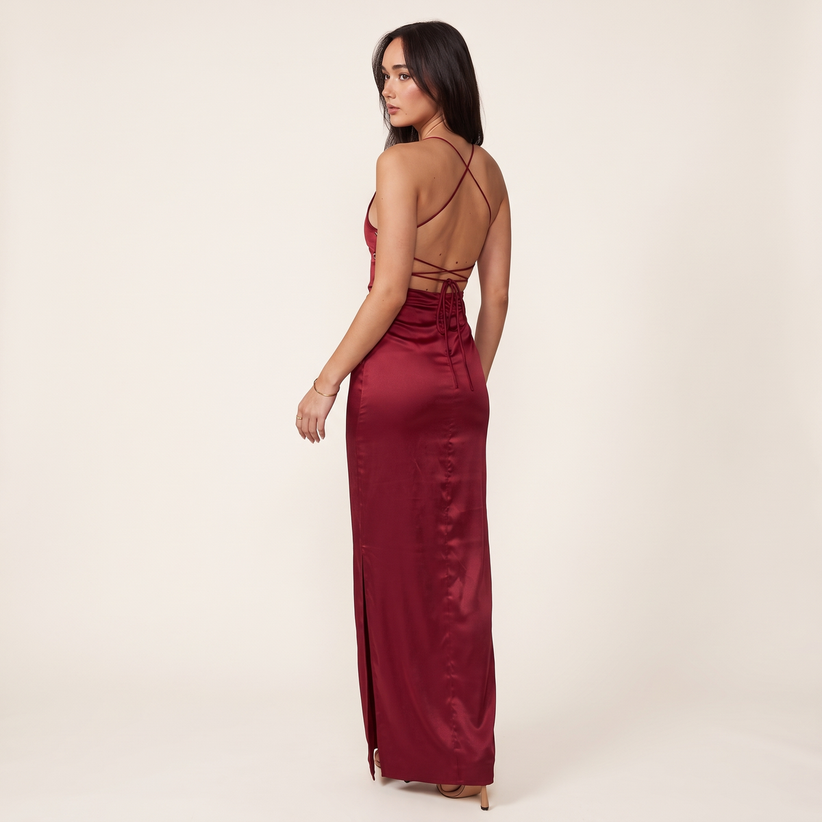Soho Lace-Up Back Satin Slip Formal Dress – Wine – back view