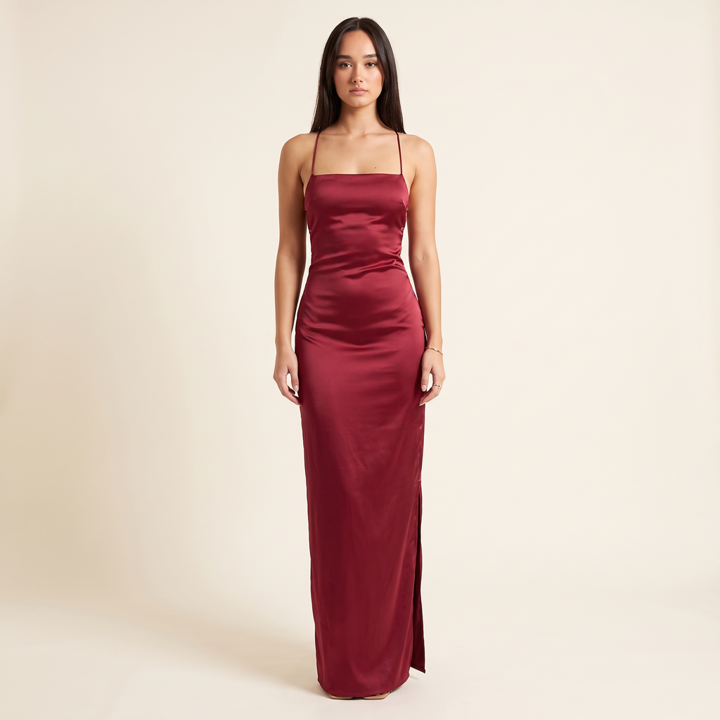 Soho Lace-Up Back Satin Slip Formal Dress – Wine – front view
