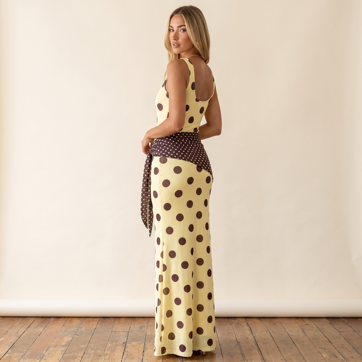 Soleil Polka Dot Mesh Maxi Dress with Scarf – Yellow – back view