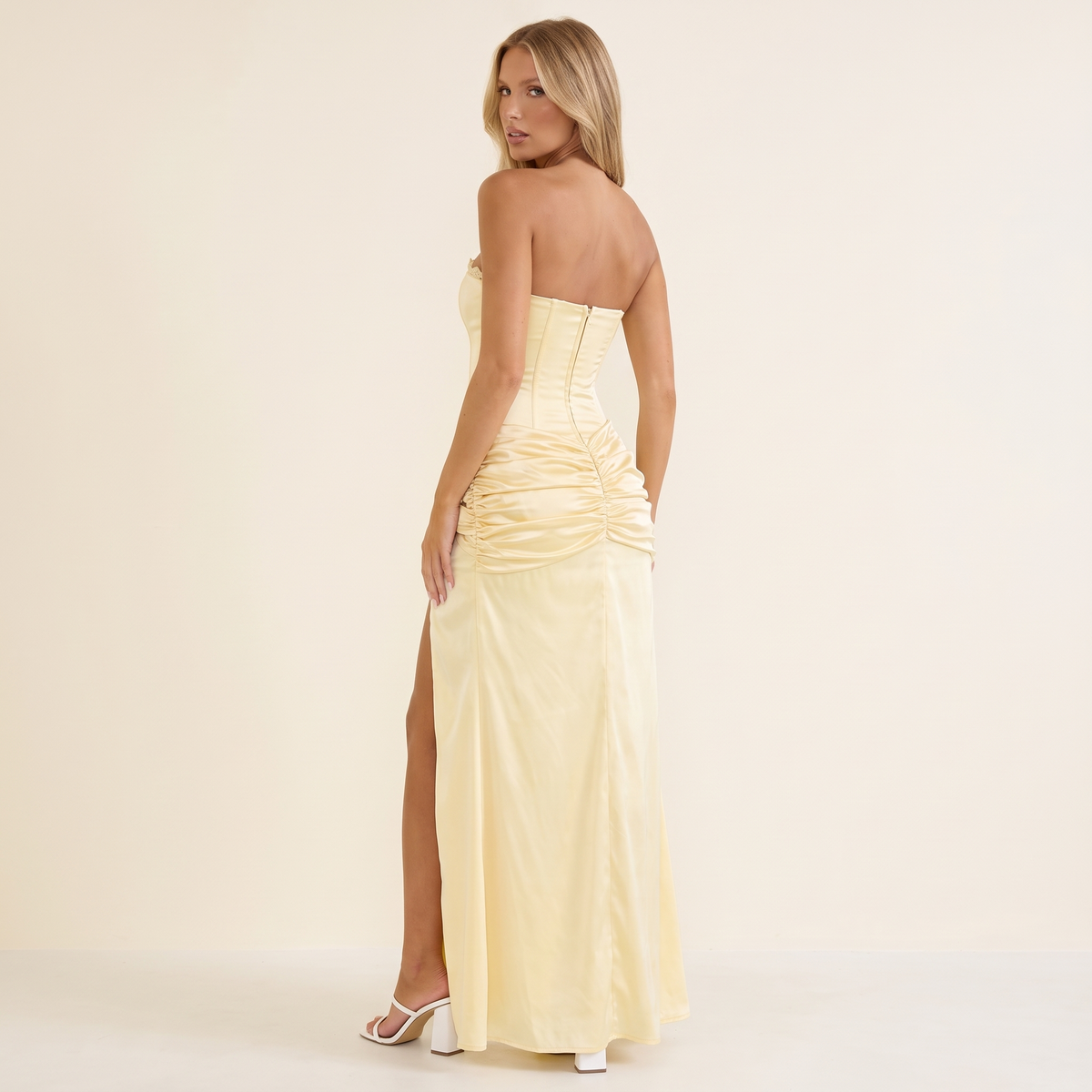 Soleil Strapless Ruched Satin Maxi Dress with Leg Split – Yellow – back view