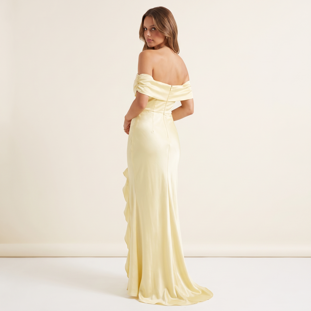 Solenne Off-Shoulder Satin Maxi Dress with Ruffle Split – Yellow – back view
