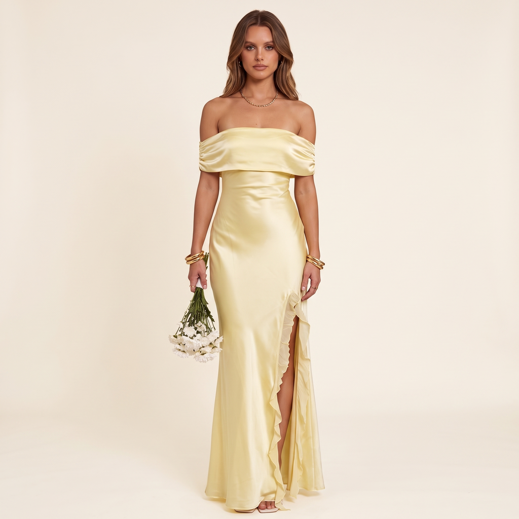 Solenne Off-Shoulder Satin Maxi Dress with Ruffle Split – Yellow – front view