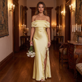 Solenne Off-Shoulder Satin Maxi Dress with Ruffle Split – Yellow – lifestyle