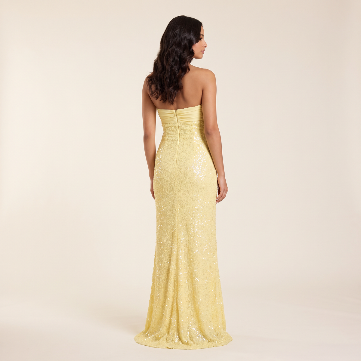 Sunniva Twist Front Sequin Strapless Maxi Dress – Yellow – back view