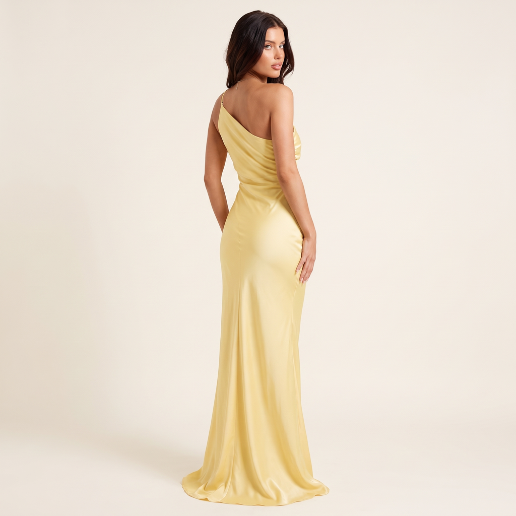 Tamara Asymmetric Strap Satin Maxi Dress – Yellow – back view