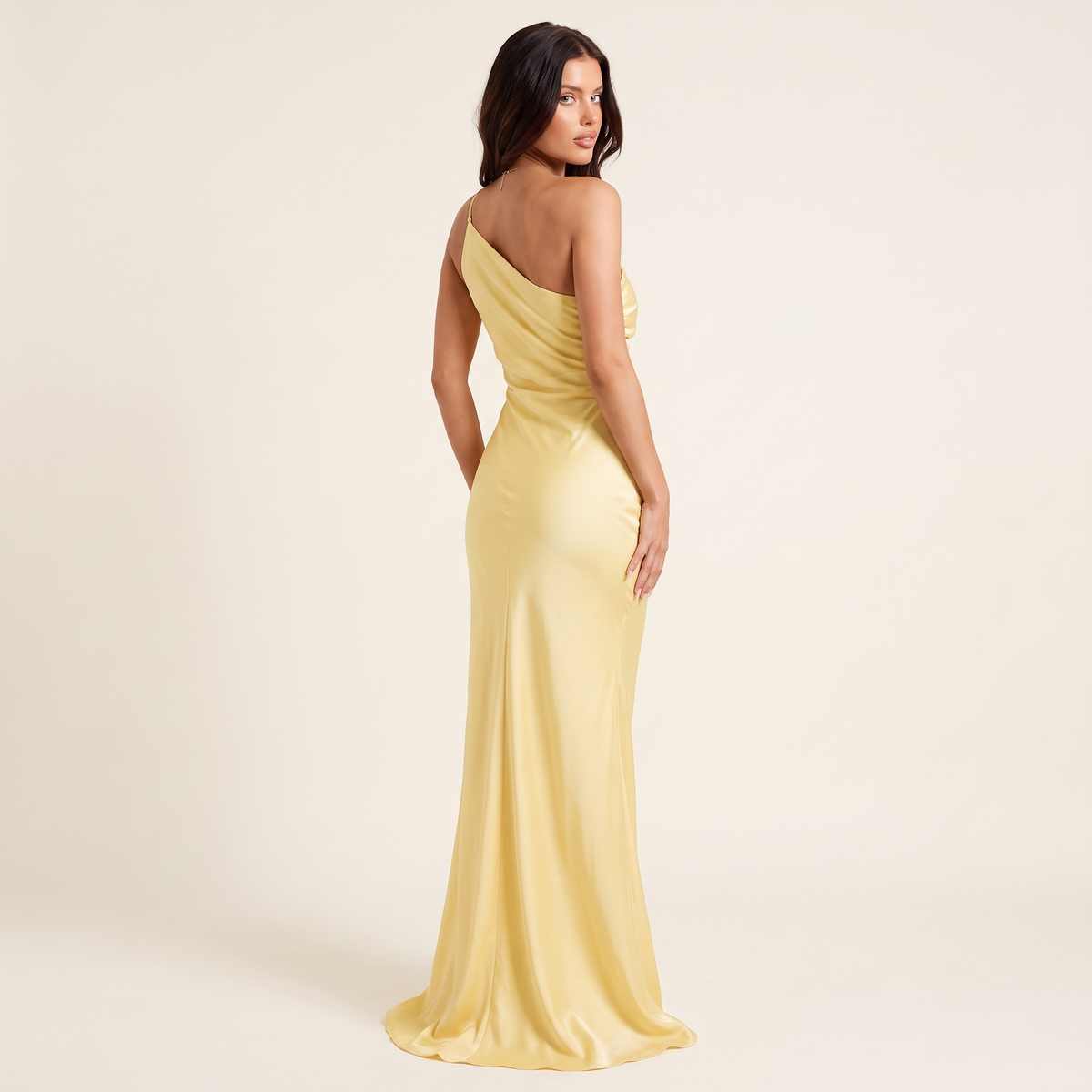 Tamara Asymmetric Strap Satin Maxi Dress – Yellow – back view