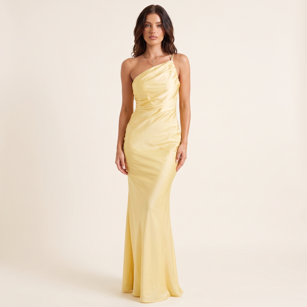 Tamara Asymmetric Strap Satin Maxi Dress – Yellow – front view