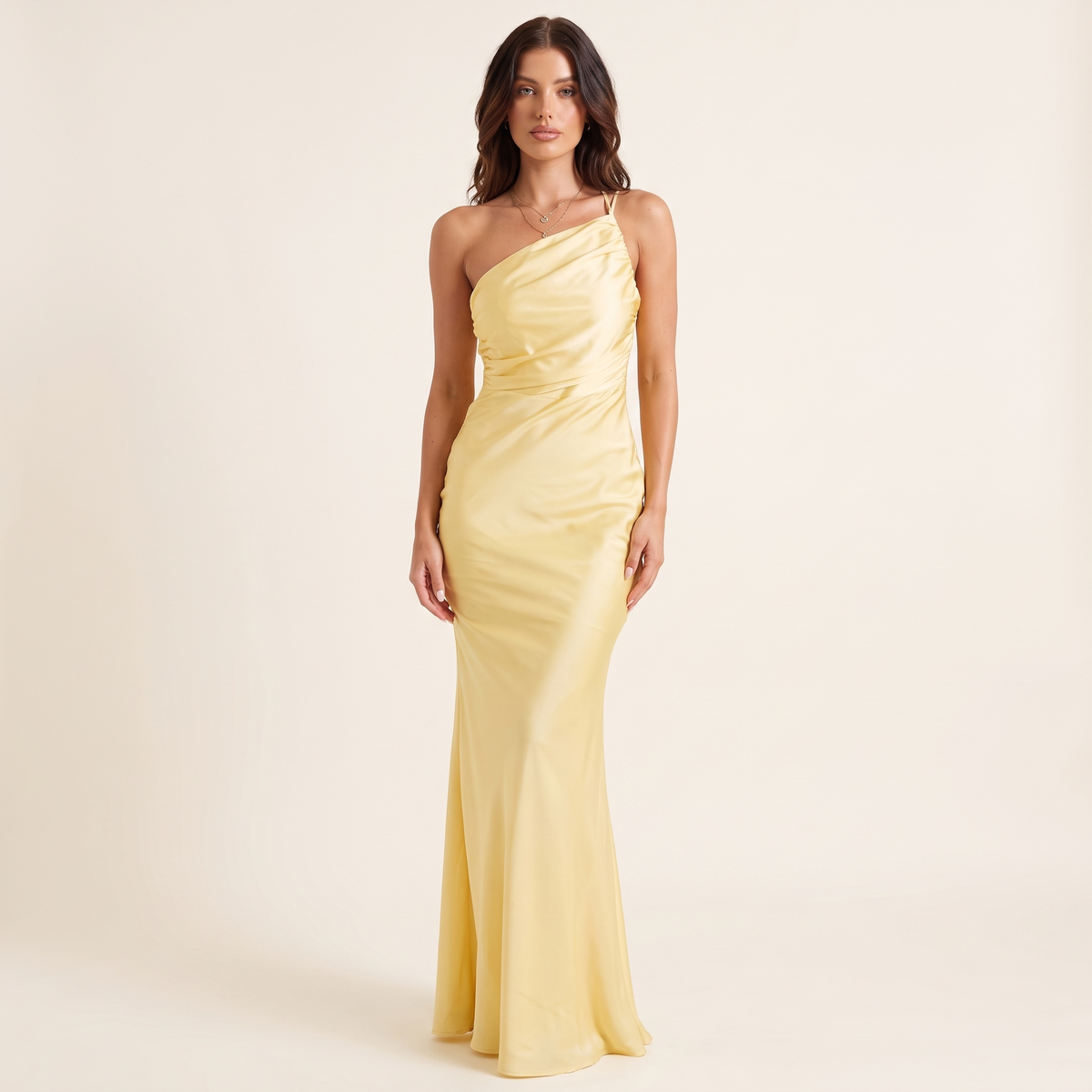 Tamara Asymmetric Strap Satin Maxi Dress – Yellow – front view