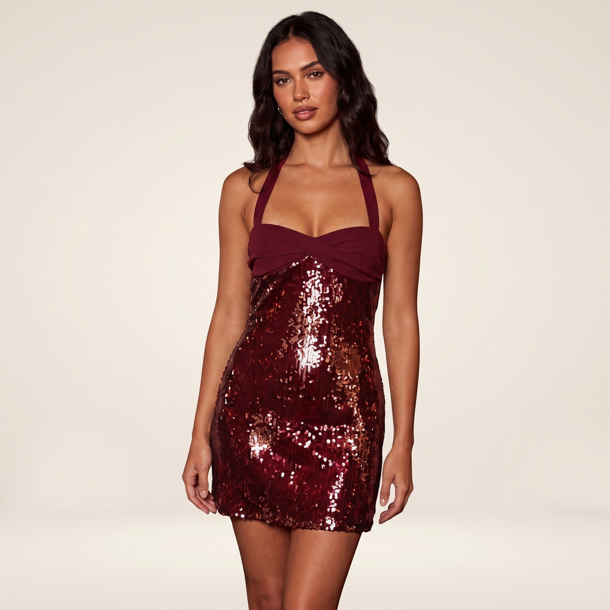 Valencia Twist Bust A-Line Sequin Mini Dress – Wine – front view