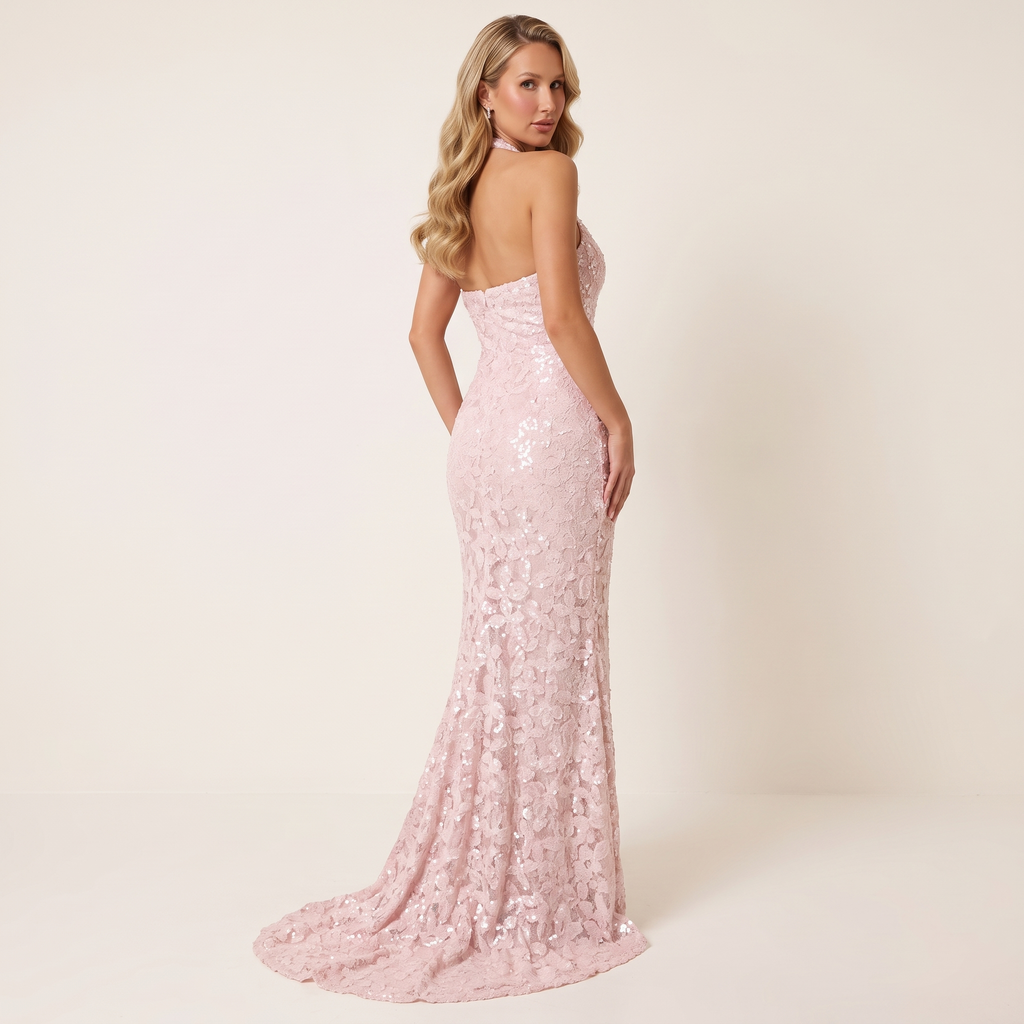 Valentina Halter Neck Sequin Mermaid Maxi Dress – Pink – back view