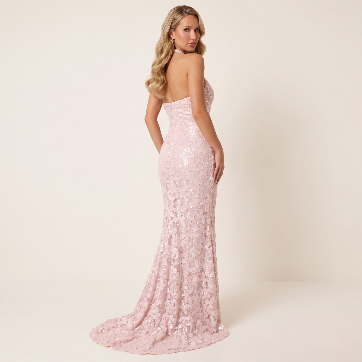 Valentina Halter Neck Sequin Mermaid Maxi Dress – Pink – back view