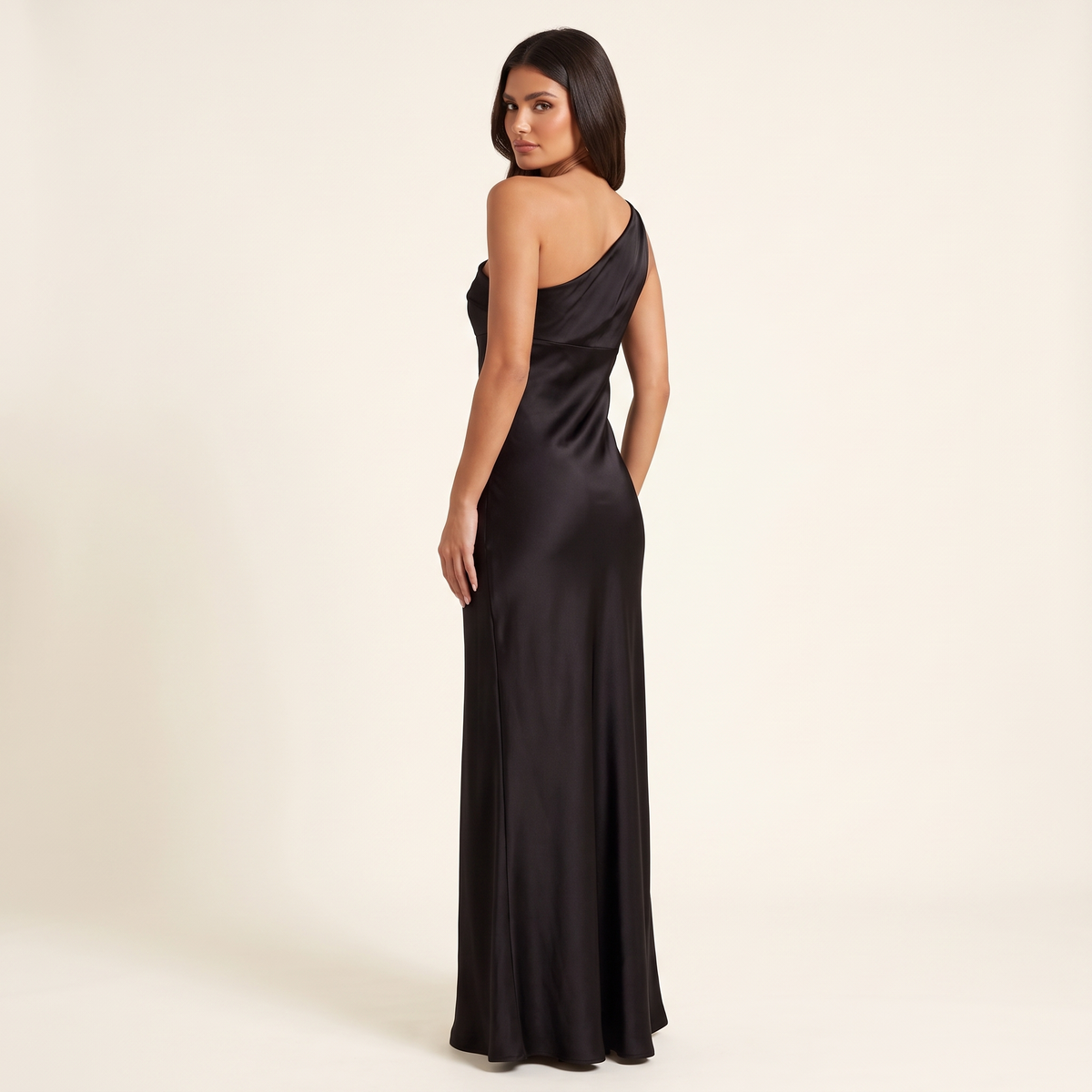 Valeria One-Shoulder Draped Satin Maxi Dress – Black – back view