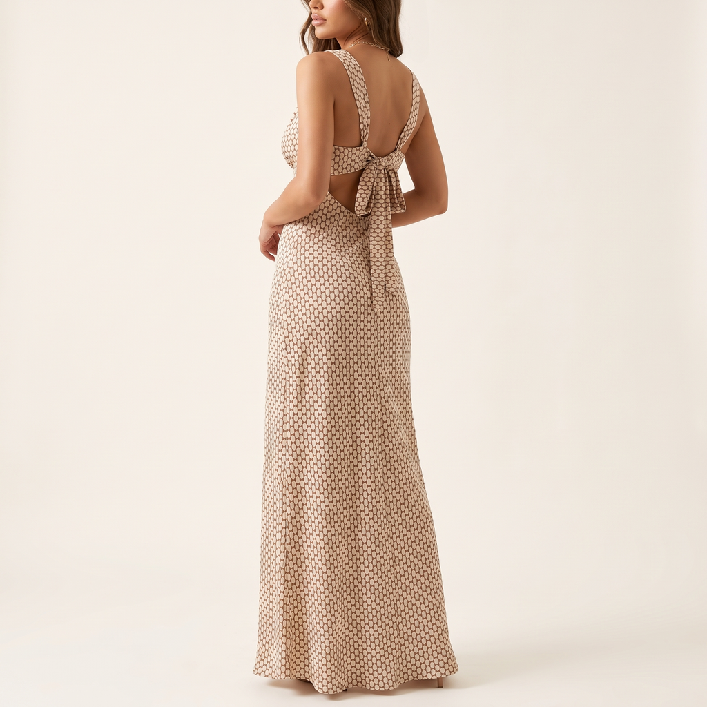Verena V-Neck Tie Back Maxi Dress – Beige – back view