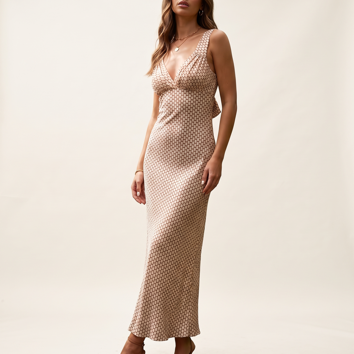 Verena V-Neck Tie Back Maxi Dress – Beige – front view