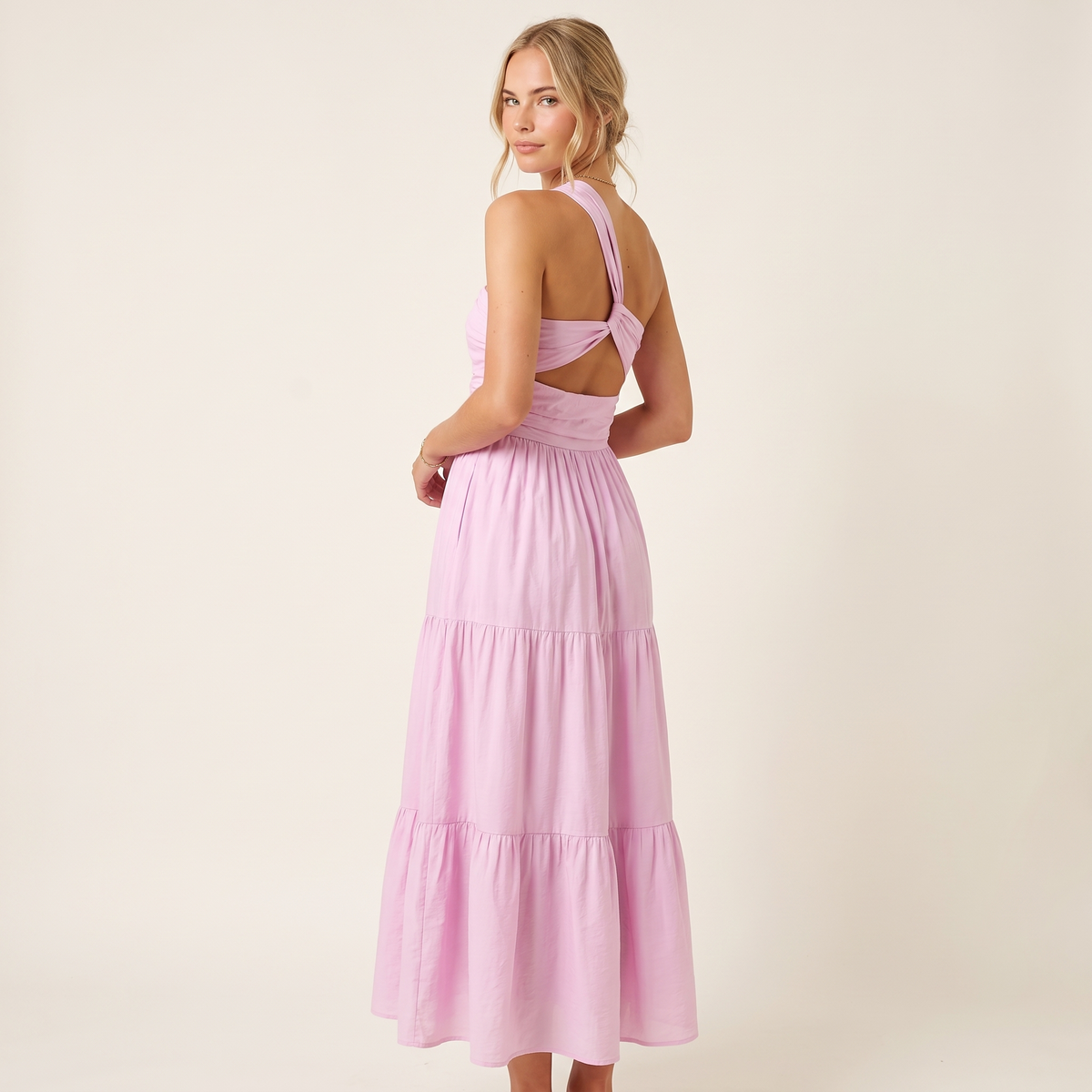 Vienna One-Shoulder Cut-Out Maxi Dress – Pink – back view
