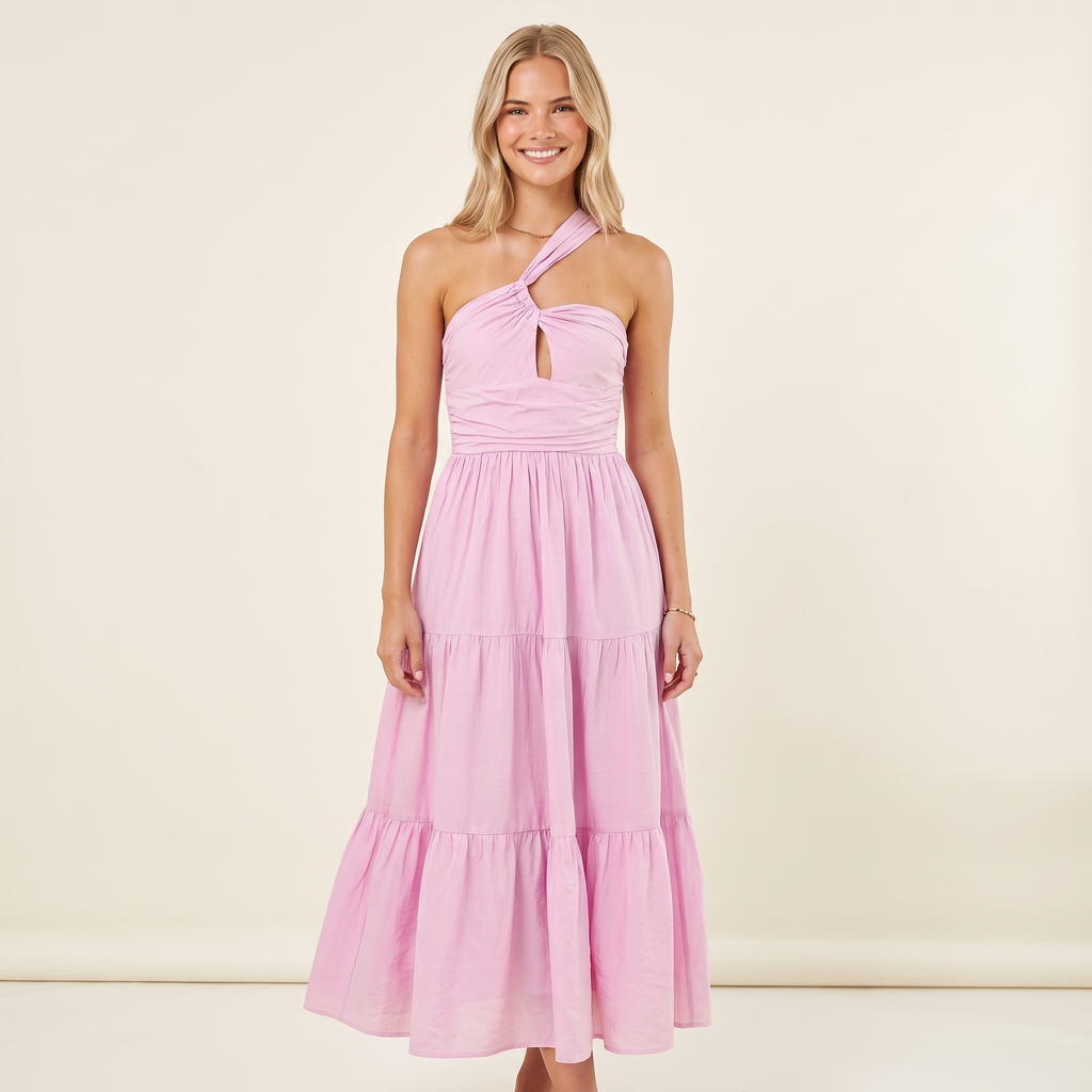 Vienna One-Shoulder Cut-Out Maxi Dress – Pink – front view
