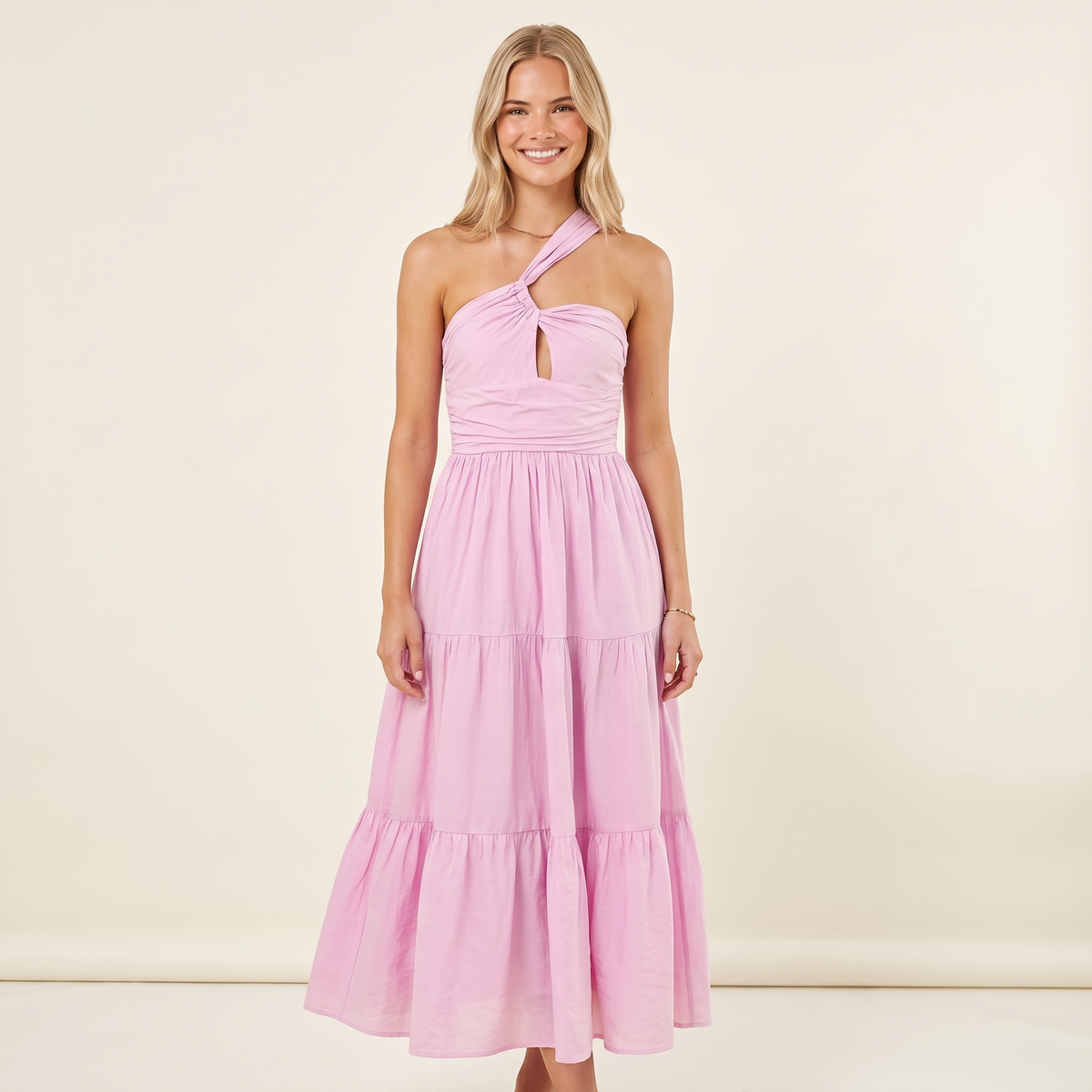 Vienna One-Shoulder Cut-Out Maxi Dress – Pink – front view