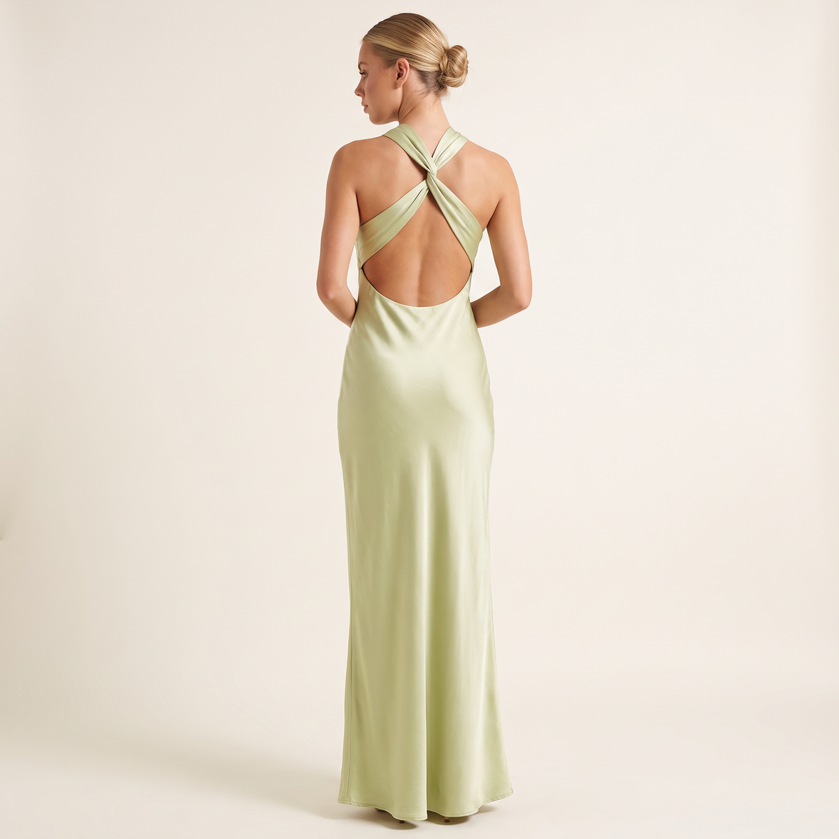 Willa Twist Halter Satin Maxi Dress – Green – back view