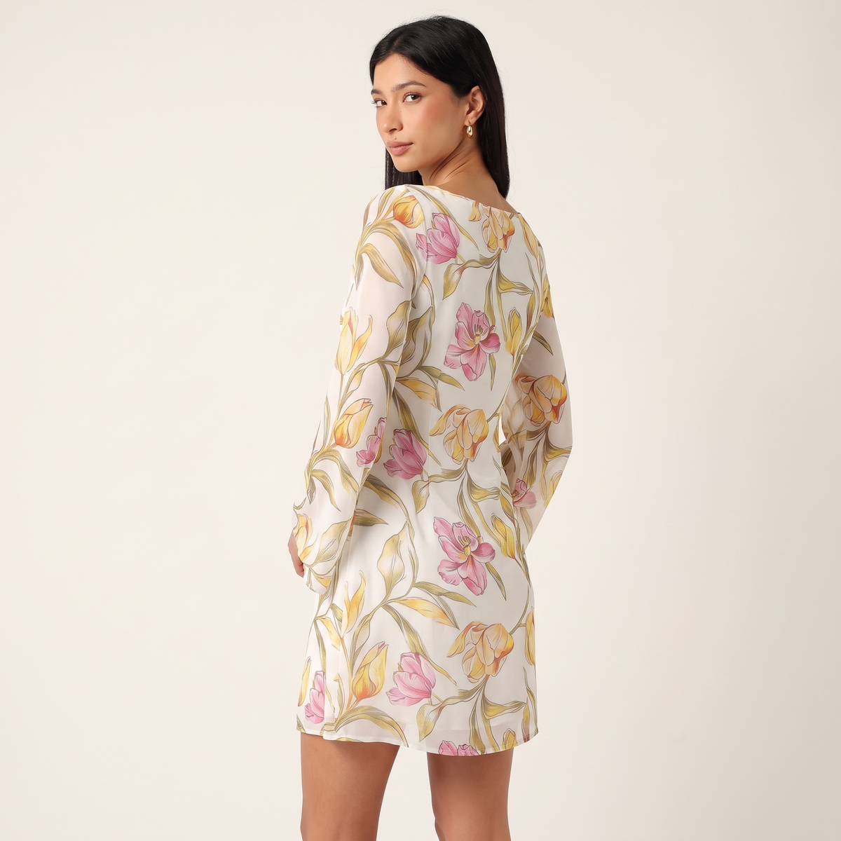 Winnie Boat Neck Floral Mini Dress – Yellow – back view