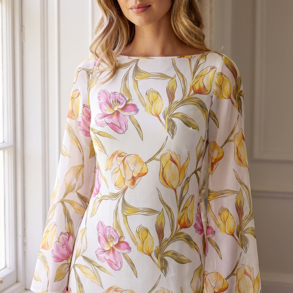 Winnie Boat Neck Floral Mini Dress – Yellow – detail