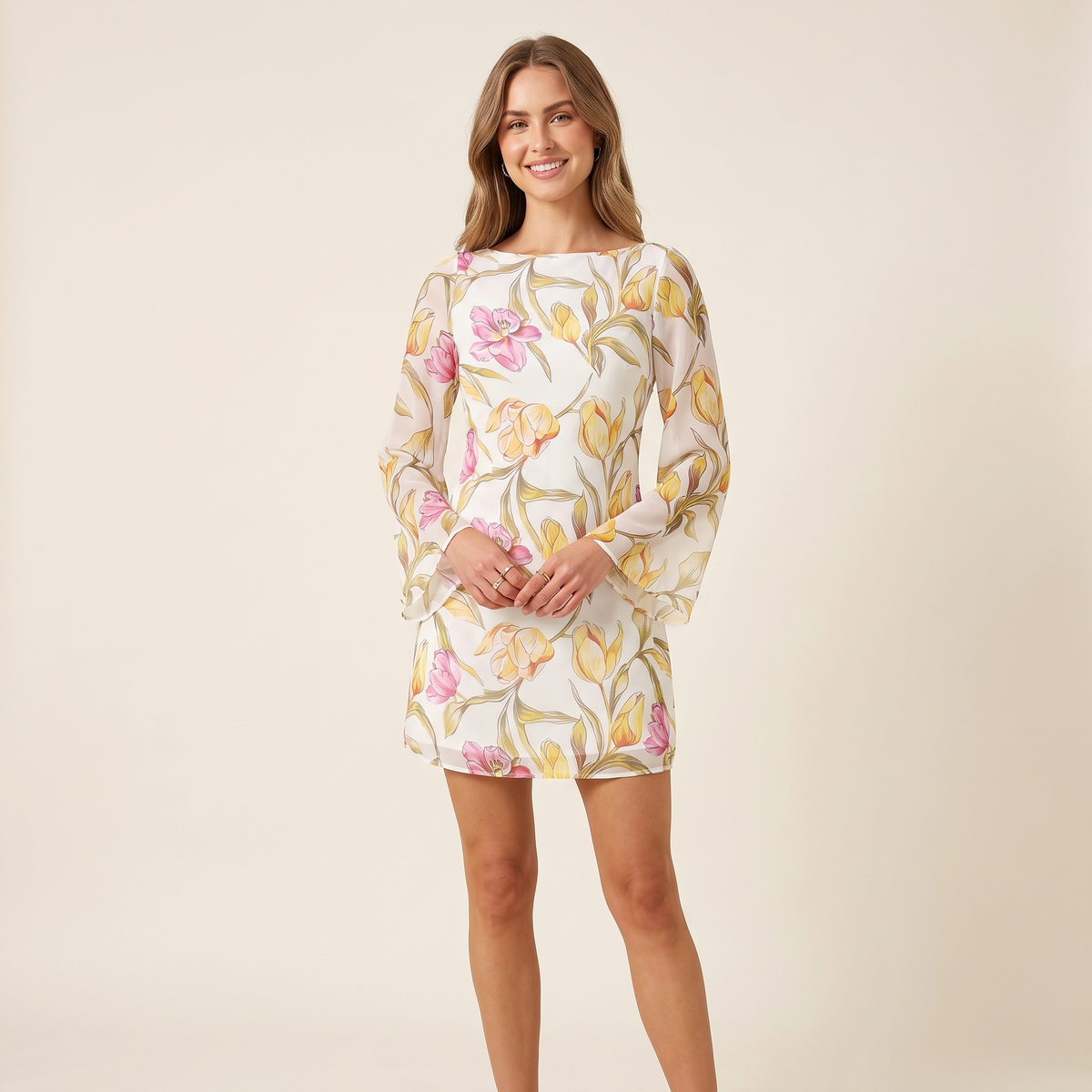 Winnie Boat Neck Floral Mini Dress – Yellow – front view