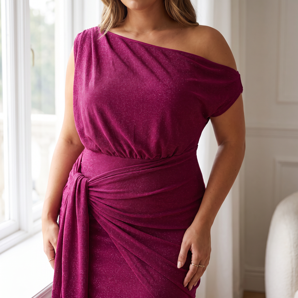 Zinnia Asymmetric Off-Shoulder Metallic Wrap Midi Dress – Boysenberry – detail