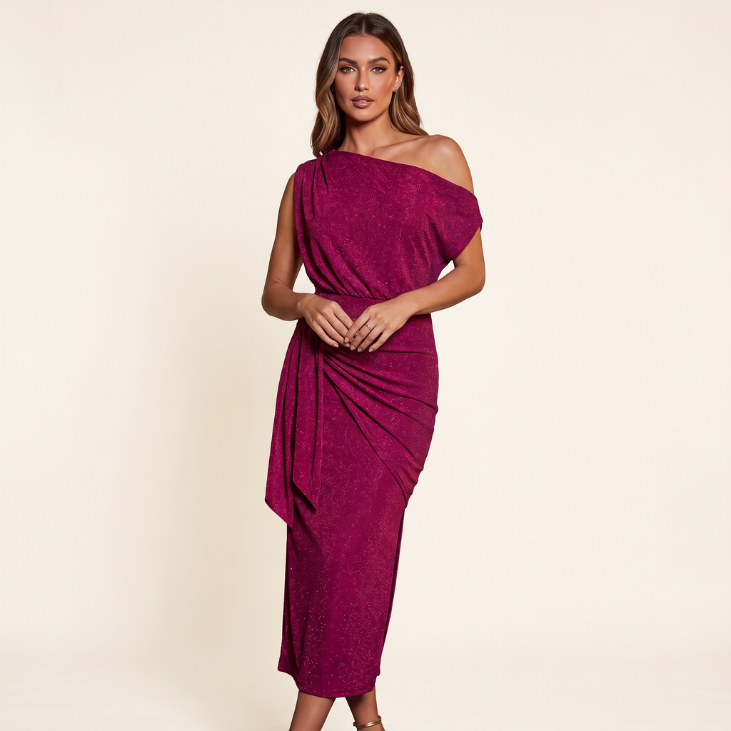 Zinnia Asymmetric Off-Shoulder Metallic Wrap Midi Dress – Boysenberry – front view