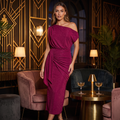 Zinnia Asymmetric Off-Shoulder Metallic Wrap Midi Dress – Boysenberry – lifestyle
